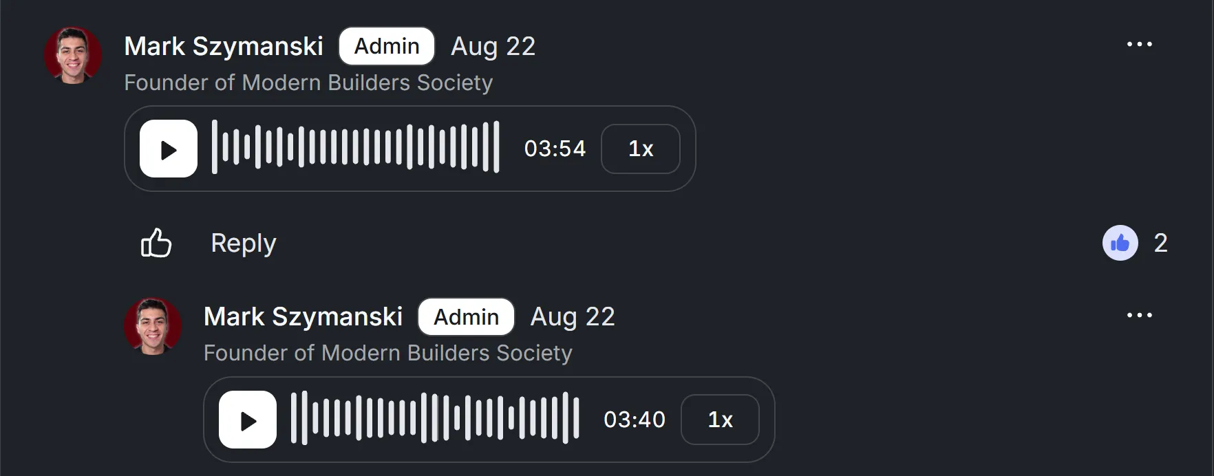 Mark's reply: two voice memos, 3:54 and 3:40