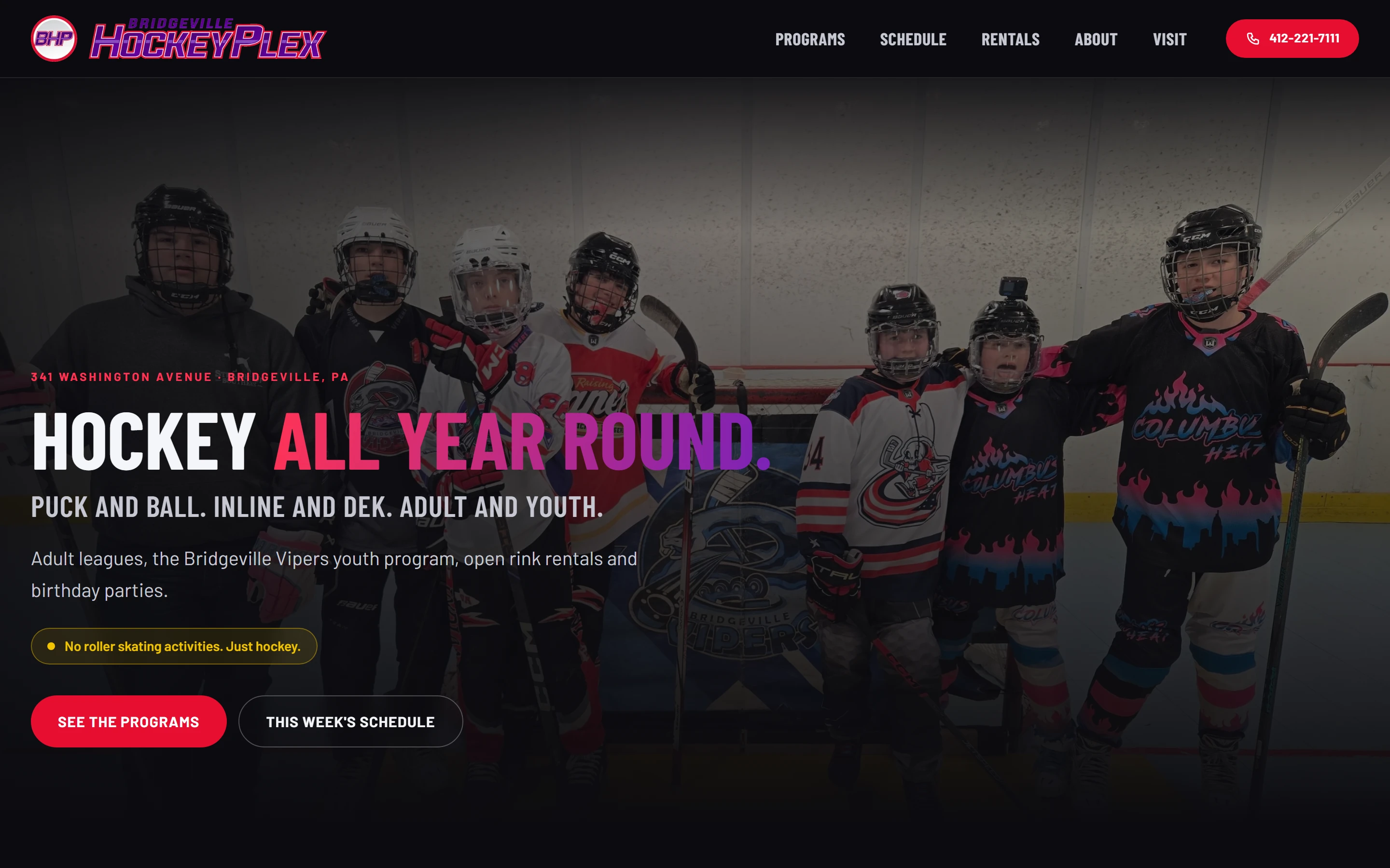 The home page of the spec site for Bridgeville HockeyPlex.