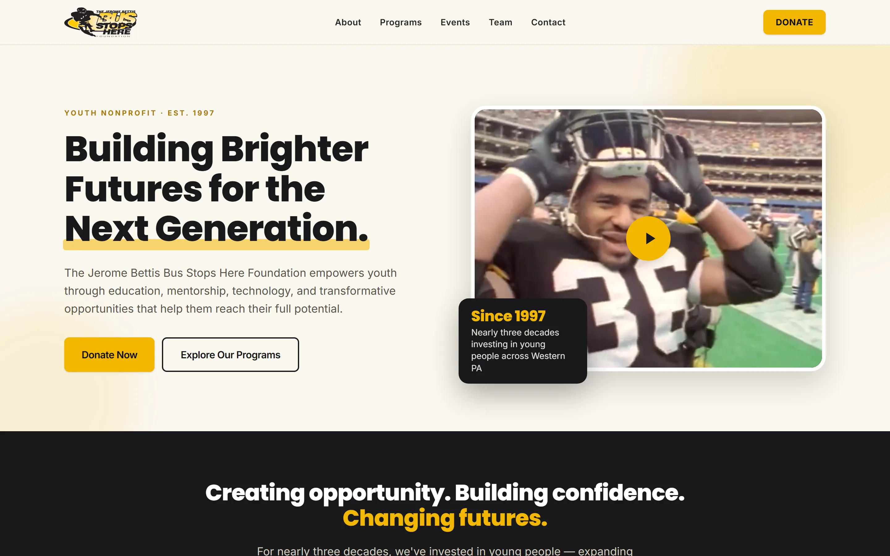 The Bus Stops Here Foundation homepage: 'Building Brighter Futures for the Next Generation.'