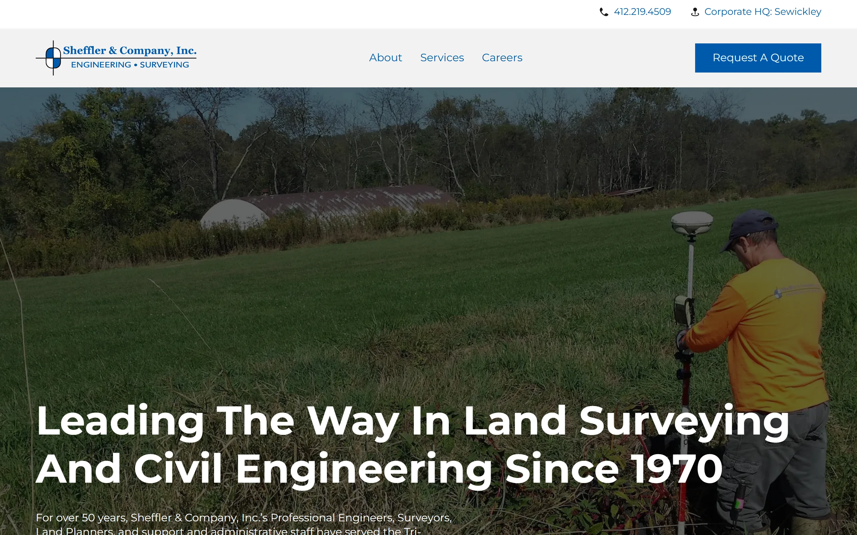 The current Sheffler & Company homepage, showing their land surveying and civil engineering positioning.